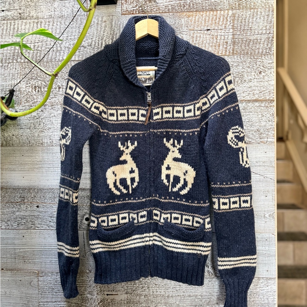 TNA/Aritzia | "Sea To Sky" Lambswool Deer Knit Zip Sweater - Women's S/M, Blue